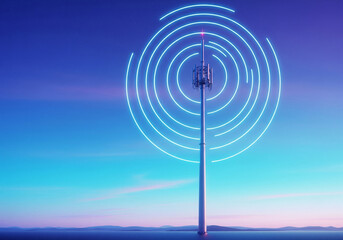 Telecommunication mast with glowing circular signals against a vibrant pink and blue sunset sky