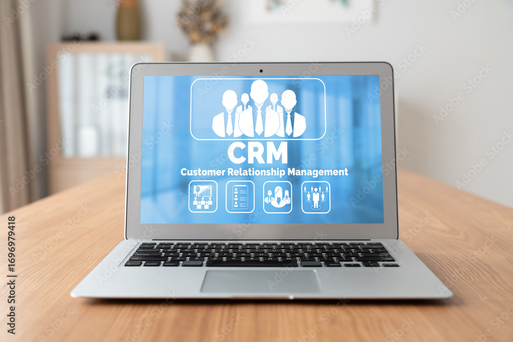 Aufkleber customer relationship management system on modish computer for crm business and enterprise