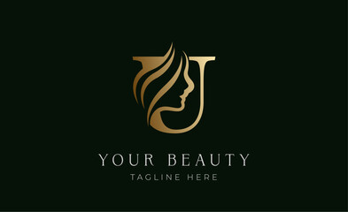 Obraz premium Logo Beauty Letter U and Woman Face. Beauty, Feminine and luxury with Gold Colour. Creative Template Minimalist and Modern Concept.