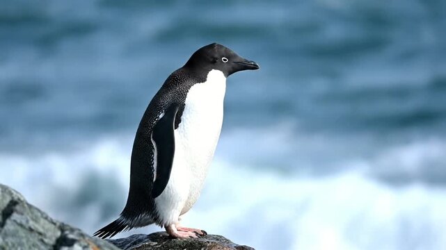 An Ad&eacute;lie penguin stands on a rocky shore with the blue ocean waves in the background.
