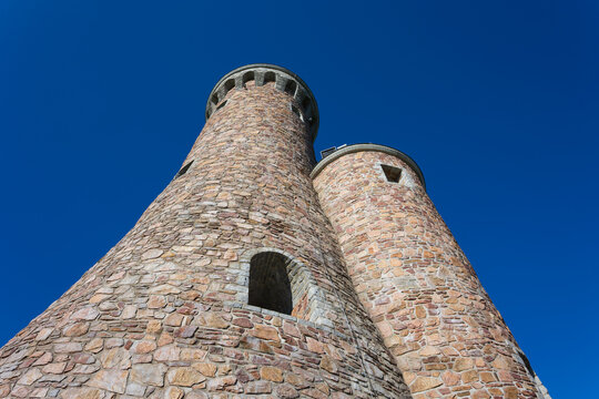 Dalimilova rozhledna, Dalimilova lookout tower, Vetrov, Stare Mesto pod Sneznikem, Jeseniky, Czech republic, Czechia. Historical observation and lookout tower. Landmark architecture and clear blue sky