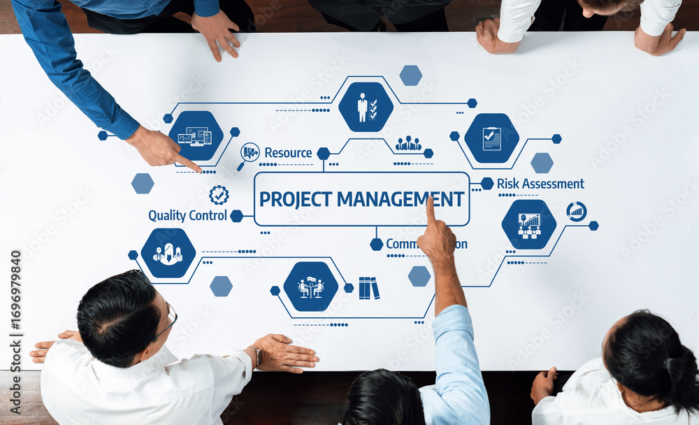 Poster a dynamic team engages in project management, analyzing strategies and flowcharts on a large table, 