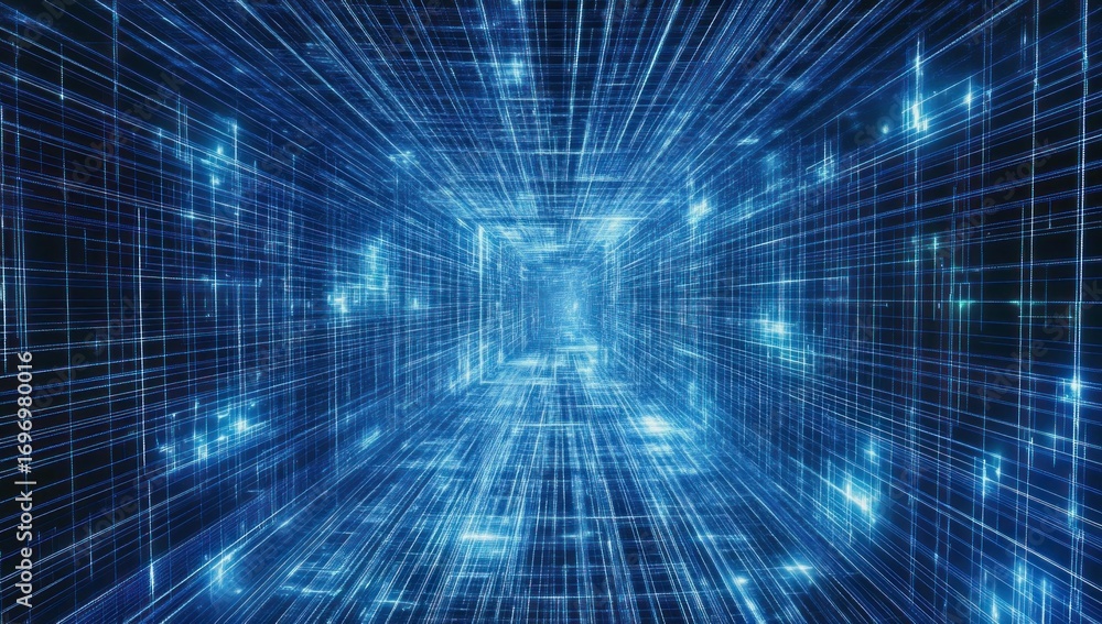 Poster futuristic digital tunnel with blue light rays and grid pattern