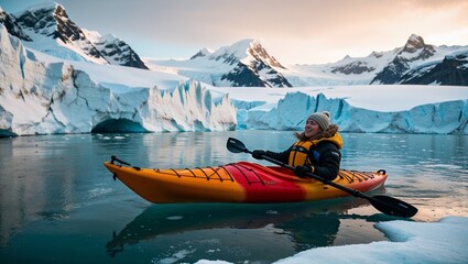 A joyful kayaker navigates icy waters surrounded by stunning glaciers.