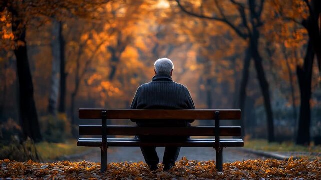 Elderly man sitting on a bench in a serene autumn park, surrounded by vibrant fall foliage