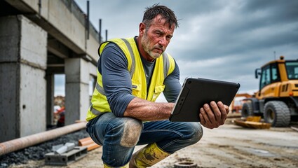 A diligent worker crouching with a tablet at a construction site.