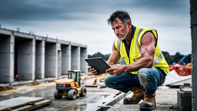 A focused construction worker reviewing plans on a tablet outdoors. - Powered by Adobe