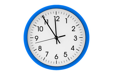 Blue watch, wall clock 11 hours 45 minutes on isolated or white background close up