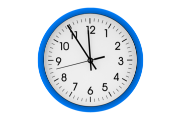 Blue watch, wall clock 11 hours 45 minutes on isolated or white background close up