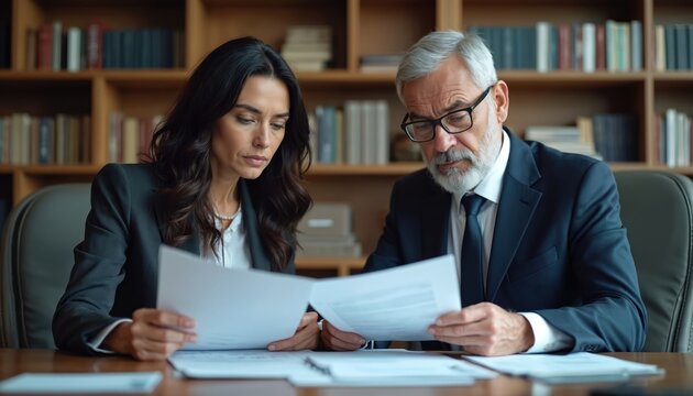 Two business professionals, man, woman, review financial, legal documents in modern office. Discussing reports, contracts, indicating business meeting negotiation. Setting includes bookshelves,