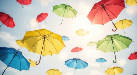 Colorful Umbrellas Falling Over Cityscape
