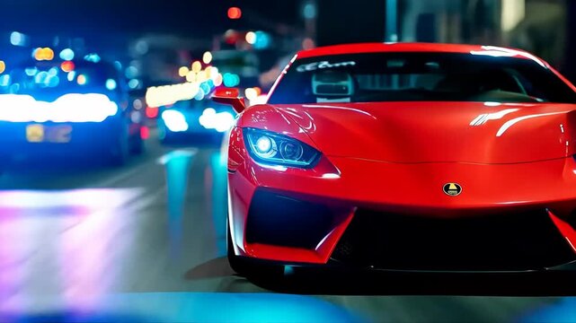 Red sports car with its headlights on is parked in a parking lot. The car is surrounded by other cars, and the lights of the cars are visible in the background