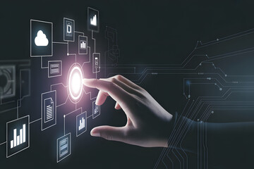 Hand's Touch: A futuristic interface of an animated hand gently touching a glowing screen, initiating a complex series of digital processes.