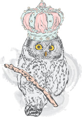 Beautiful owl with crown. Vector illustration for greeting card, poster, or print on clothes. Fashion & Style.