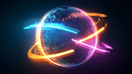 Obraz premium Futuristic digital earth globe with glowing orbits and vibrant light trails