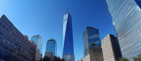 The iconic One World Trade Center and surrounding skyscrapers against a clear blue sky, symbolizing financial might and architectural achievement