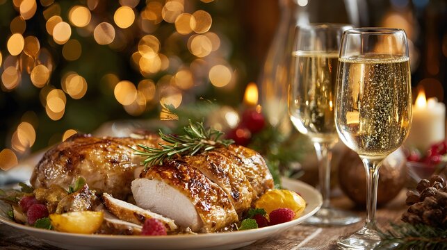 Festive Christmas dinner with roasted turkey and champagne.