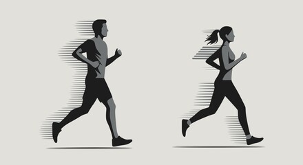Obraz premium Running man and woman, isolated vector silhouettes. Run, side view. Silhouettes of athletic looking male and female runners running. JPEG version.