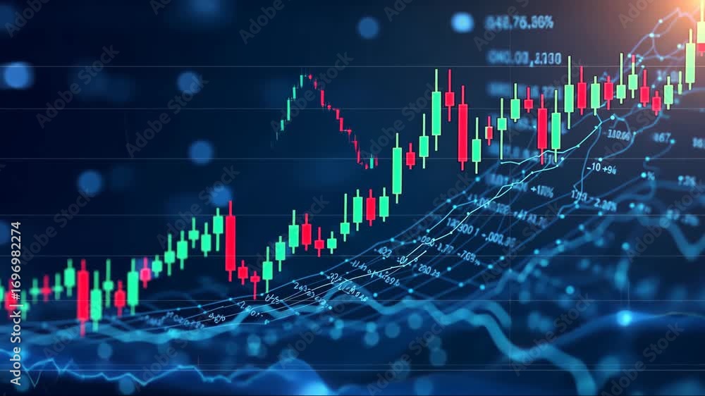 Poster graph of stock prices is shown with red and green lines. the graph is in blue and the colors are vib