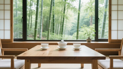 Obraz premium Japanese-Style Bamboo Forest Window View Tea Ceremony Still Life Photography