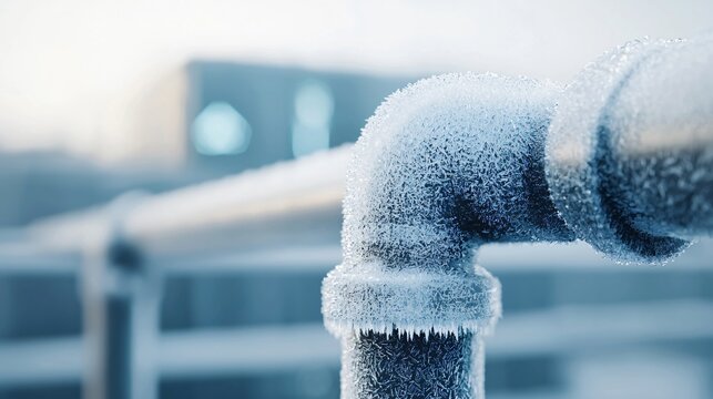 Close up macro of frost-covered valve on cryogenic chamber, futuristic quantum processor blurred in background.