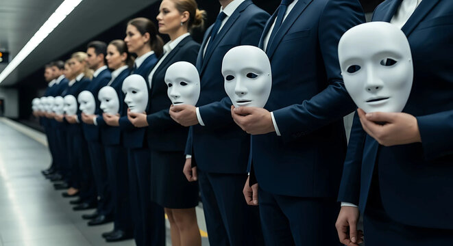 Row of business people in suits holding identical white masks to symbolize corporate conformity