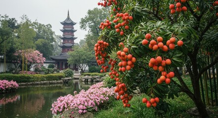 Obraz premium Lychee fruit hanging from a branch in a traditional Chinese garden with a pagoda and pond. Asian travel.