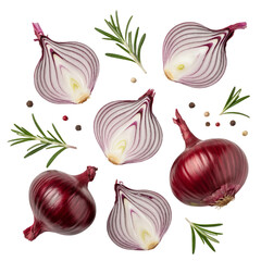 A high-contrast food photography composition of red onions and rosemary sprigs arranged[Transparent Background PNG]