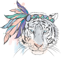 Tiger in Indian dressing.  Vector illustration for greeting card, poster, or print on clothes.