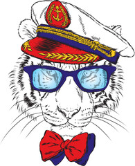 Tiger in the captain's cap.. Vector illustration.