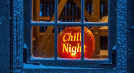 Glowing carved pumpkin with 'Chill Night' message viewed through snowy window