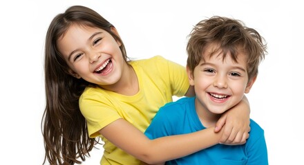 Smiling children embracing on white background