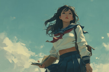 Japanese schoolgirl holding a book by the window with emotional gaze
