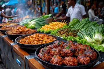 Obraz premium Grilled meat and vegetables at a street food market