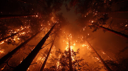 Intense wildfire burning through dense forest at night.