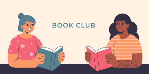 Web banner for book club advert, literature discussion blog, or podcast about reading. Flat vector illustration of two young women of different races holding books in hands. 