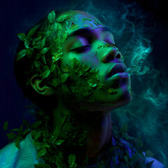 serene portrait of a person with green leaves on face in smoky mystical light