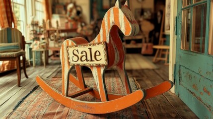 A wooden rocking horse with a sign that says Sale