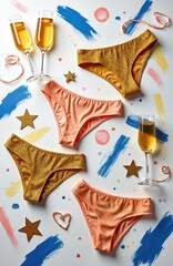 Obraz premium Gold, peach glitter underwear designs presented with champagne glasses, decorative elements. Illustration features feminine, stylish, trendy lingerie with shiny, glistering finish. Ideal for fashion