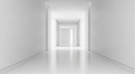 Fototapeta premium Minimalist white corridor with soft lighting and reflections