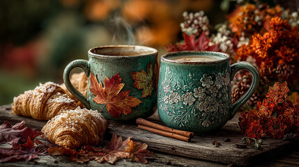 Ciepły jesienny nastrój: dwie kubki z kawą, obok croissainty i laski cynamonu. W tle liście, kwiaty i jesienne dekoracje. Idealne na poranny rytuał.