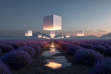 Lavender field with illuminated cubes reflecting in water creating a surreal and peaceful scenery