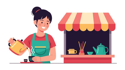 Tea Ceremony: A friendly vendor pouring tea, with an inviting tea stall, capturing the essence of traditional refreshment and hospitality.