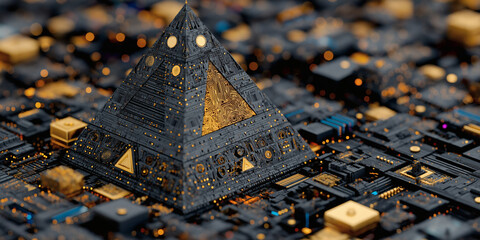 Futuristic pyramid on circuit board with glowing gold details, abstract tech background