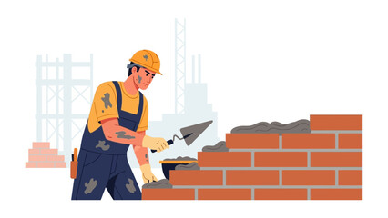 Bricklayer at work: A dedicated bricklayer meticulously constructs a sturdy brick wall, skillfully wielding his trowel to lay each brick with precision.