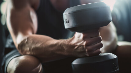 Naklejka premium Umięśnione ramię mężczyzny, który trzyma w dłoni hantel. Widoczne są napięte mięśnie i żyły, co świadczy o intensywnym wysiłku.