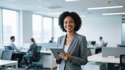 Confident African American businesswoman with digital tablet in modern open office, smiling professional leader in gray suit with colleagues in background, corporate teamwork and leadership concept