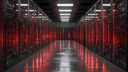 Immersive server room corridor with glowing red lights, symbolizing digital data flow and powerful technology infrastructure.