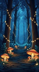 Fototapeta premium Enchanted forest pathway with glowing mushrooms and string lights