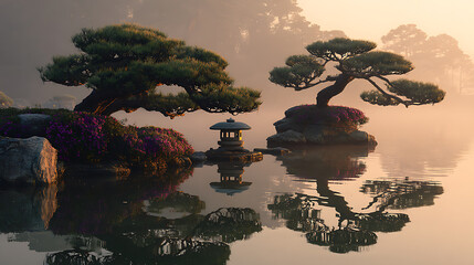A serene japanese garden featuring meticulously pruned bonsai trees reflected in the tranquil water at dawn or dusk